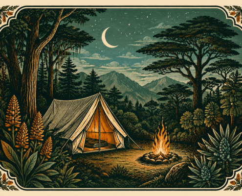 Camping Vintage woodcut illustration of a canvas tent and bonfire in the Aberdare forest