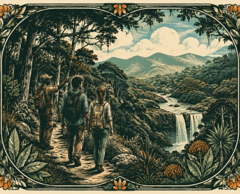 Day Tours Vintage woodcut illustration of a guide leading two visitors on an Aberdare forest day tour