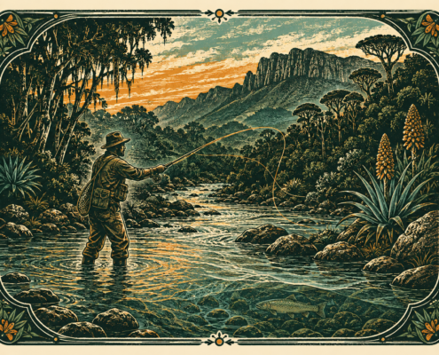 Fishing Vintage woodcut illustration of an angler fly-fishing in a clear Aberdare river