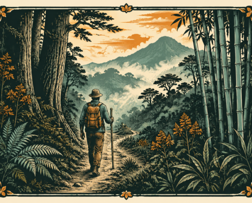 Hiking Vintage woodcut illustration of a hiker on an Aberdare forest path